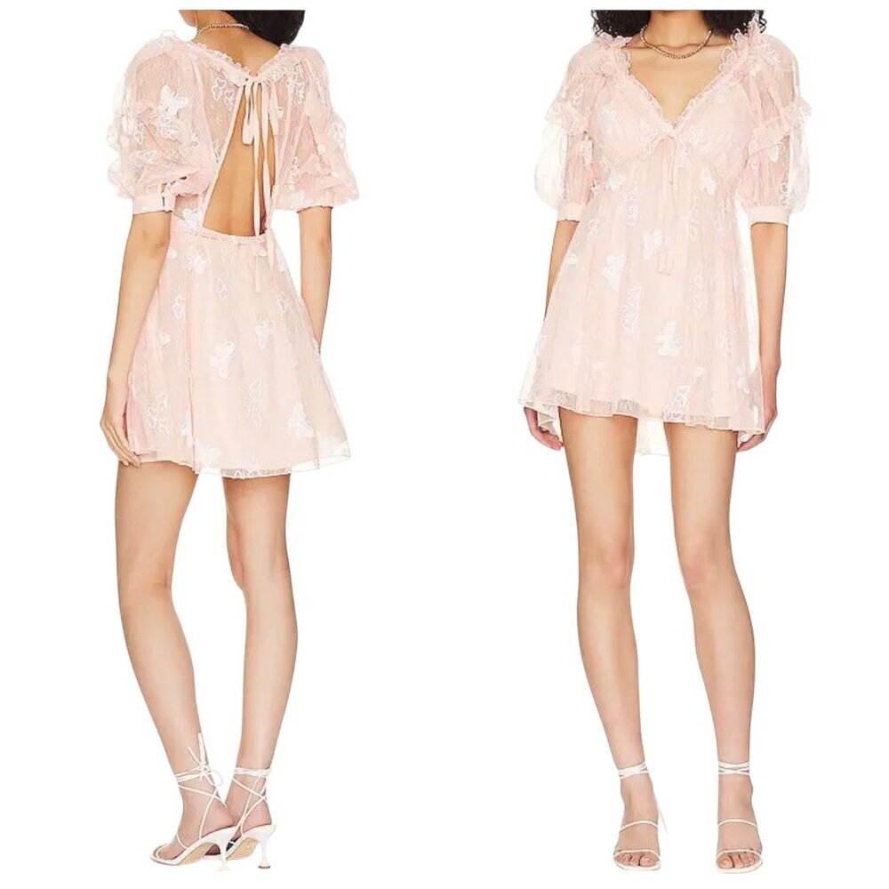 For Love & Lemons Shari Mini Dress Blush Butterfly Lace S NWT